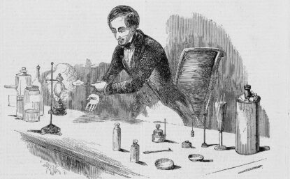 Old newspaper illustration of a man conducting a scientific experiment