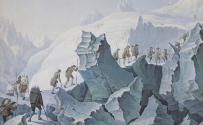 Color illustration of a high mountaineering scene