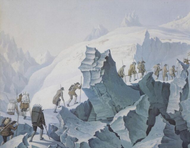 Color illustration of a high mountaineering scene