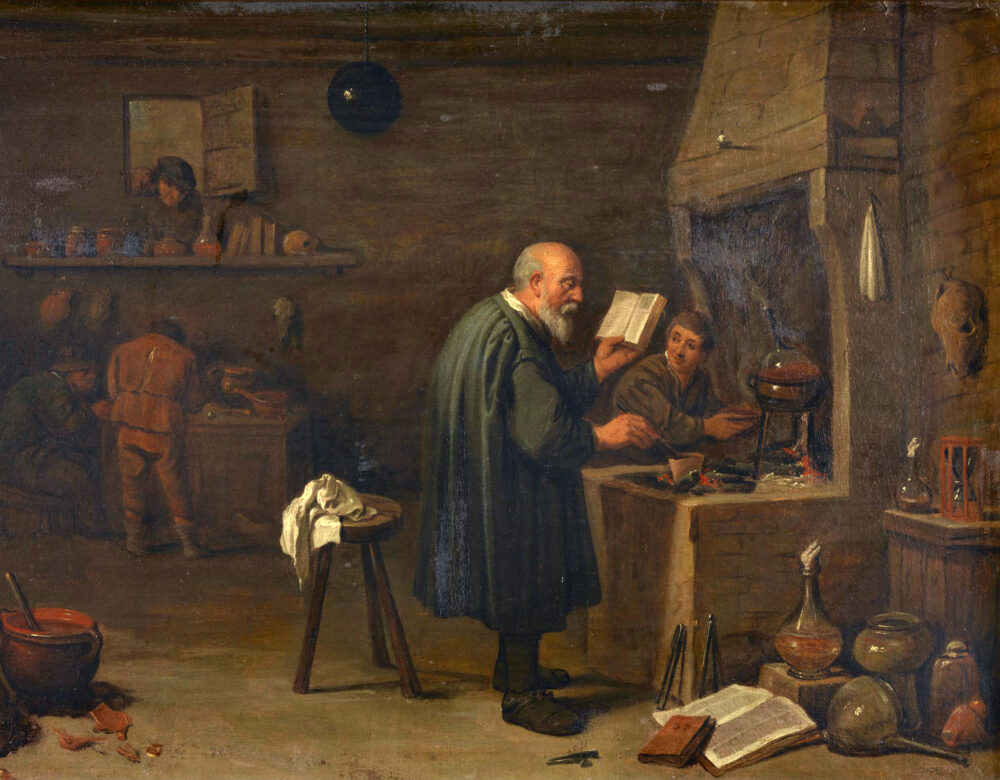 oil painting of an alchemist with recipe book at his stove