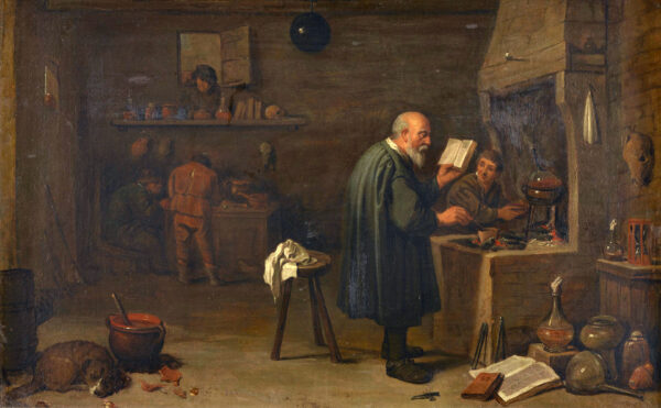 oil painting of an alchemist with recipe book at his stove
