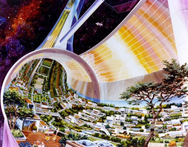 Color illustrations of a donut-shaped space colony