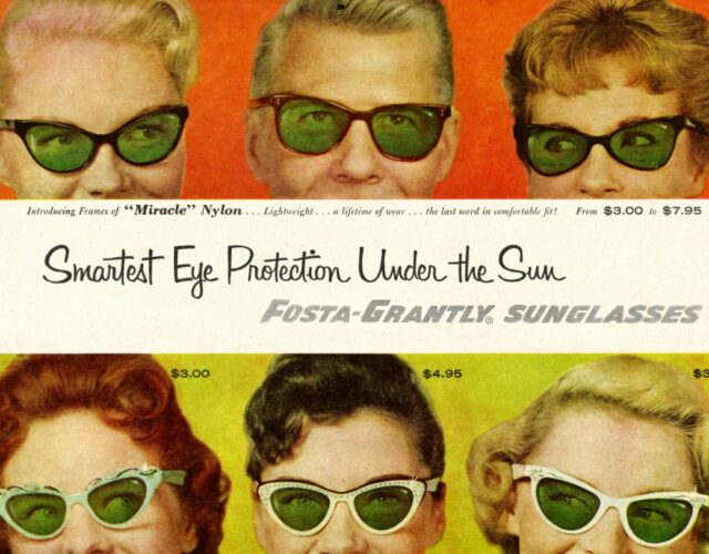 Color print ad showing a row of men and women wearing sunglasses