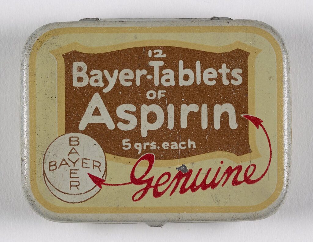 Small, shallow, rectangular tin box containing Bayer aspirin