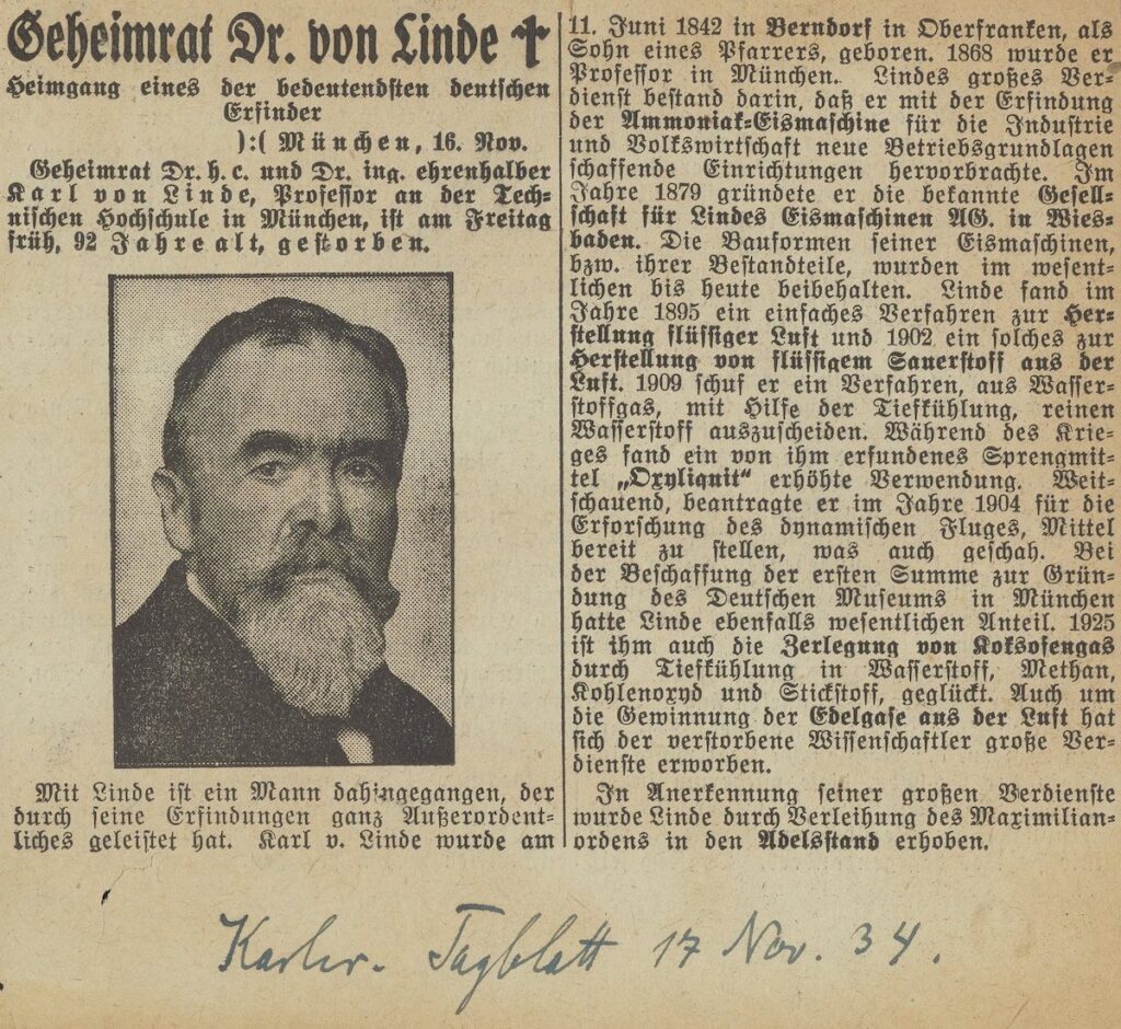 Carl von Linde obituary in German newspaper