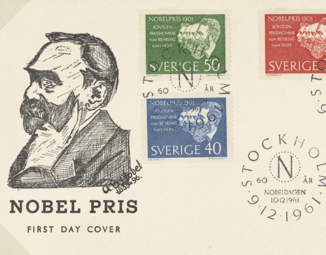 cachet of stamps depicting Alfred Nobel and winners