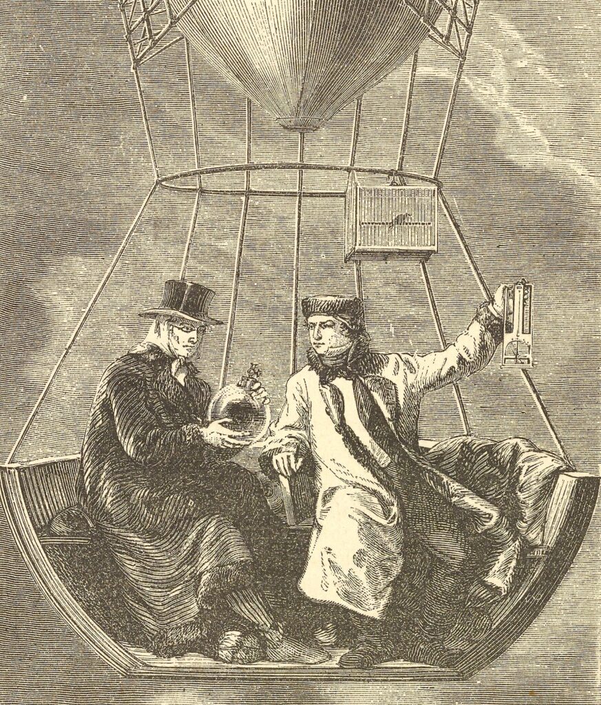illustration of 2 men in a hot air balloon
