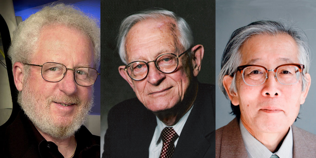 headshots of Alan Heeger, Alan MacDiarmid, and Hideki Shirakawa