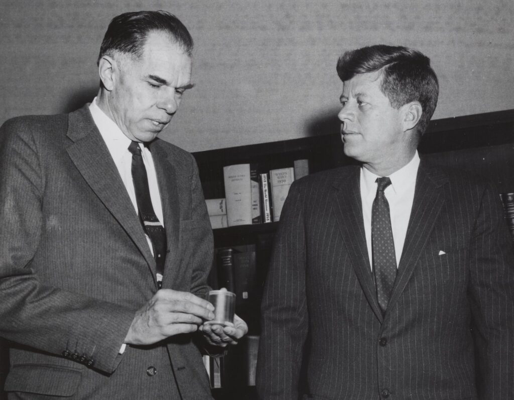 President John F. Kennedy visits with Glenn Seaborg at the U.S. Atomic Energy Commission, 1961.