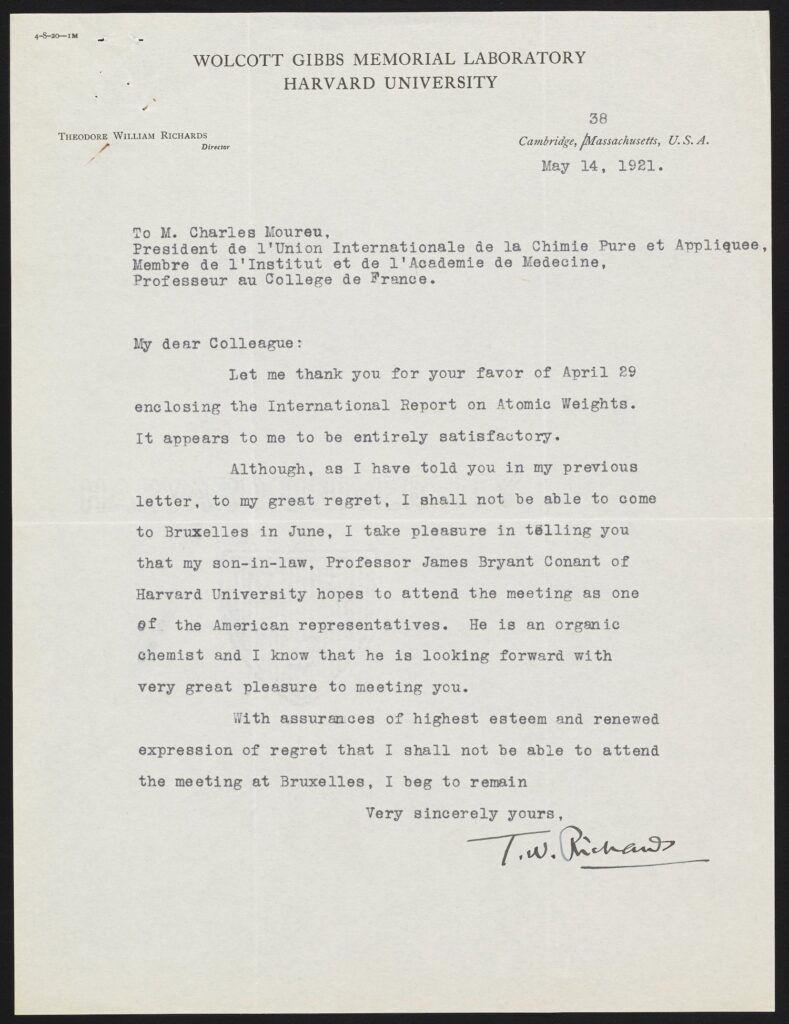 Letter from Theodore William Richards to Charles Moureu 1921