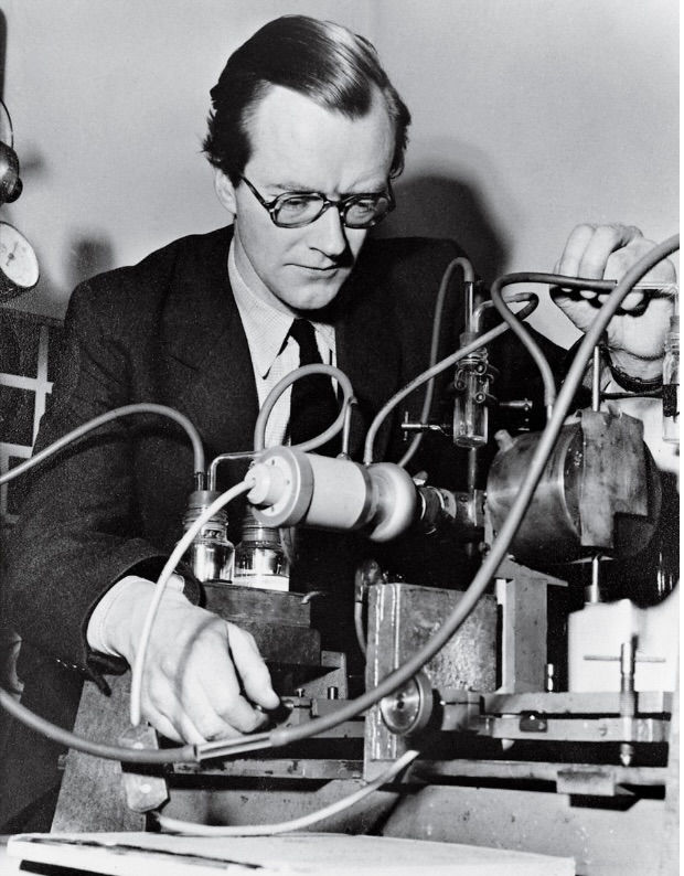 Maurice Wilkins with X-ray crystallographic equipment, ca. 1954.