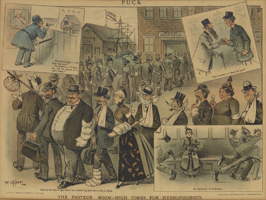 The Pasteur Boom—High Times for Hydrophobists, satirical cartoon featured in Puck magazine, 1885