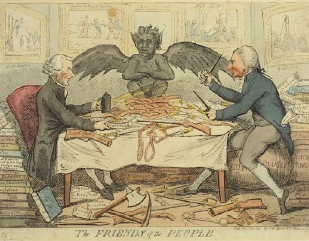Thomas Paine and Joseph Priestley are seated at a table with guns, knives, a dish says phospherous, a gun butt says "Royal Electric fluid." A winged puti grins at them squatting in the center of the table. Books on treason, murders, assistination, revolution, etc. surround them. At Priestley's feat are packages of brimstone, axe and pickax. On the walls are scenes of execution and assassinations.
