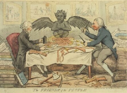 Thomas Paine and Joseph Priestley are seated at a table with guns, knives, a dish says phospherous, a gun butt says "Royal Electric fluid." A winged puti grins at them squatting in the center of the table. Books on treason, murders, assistination, revolution, etc. surround them. At Priestley's feat are packages of brimstone, axe and pickax. On the walls are scenes of execution and assassinations.
