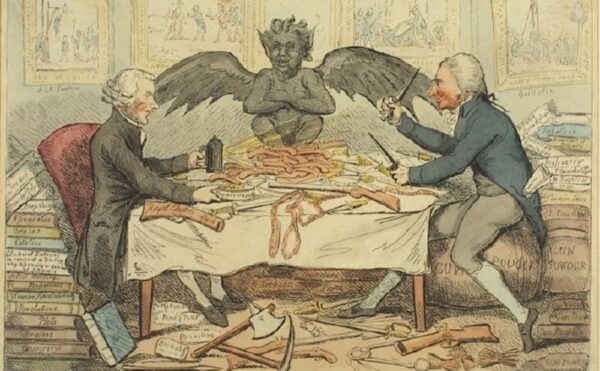 Thomas Paine and Joseph Priestley are seated at a table with guns, knives, a dish says phospherous, a gun butt says "Royal Electric fluid." A winged puti grins at them squatting in the center of the table. Books on treason, murders, assistination, revolution, etc. surround them. At Priestley's feat are packages of brimstone, axe and pickax. On the walls are scenes of execution and assassinations.