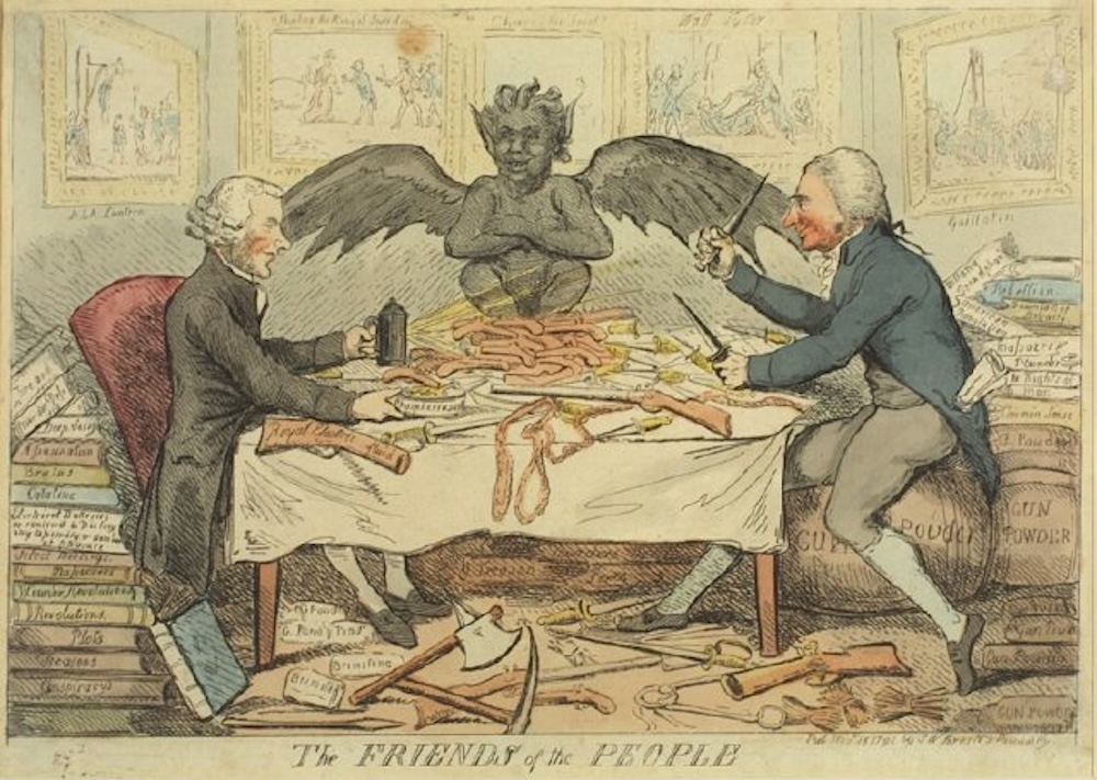 illustration of 2 men seated at a table with a winged creature