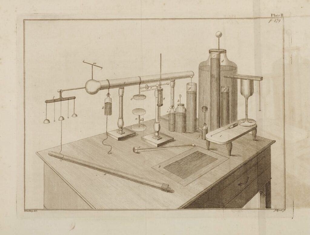 illustration of scientific instruments from a Joseph Priestley book on electricity