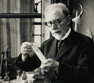 Undated photo of Danish chemist Soren Sorensen working in a lab.