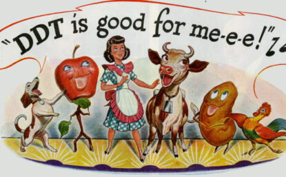 Image depicting a woman dancing with farm animals and fruits with the lyrics "DDT is good for me!"