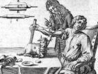 Engraving of a man at a table with another man standing next to him giving instruction. On the table is a small animal and a series of tools with letter labels.