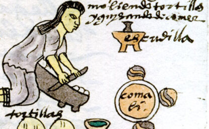Old illustration of a woman making tortillas with tools and handwritten notes.