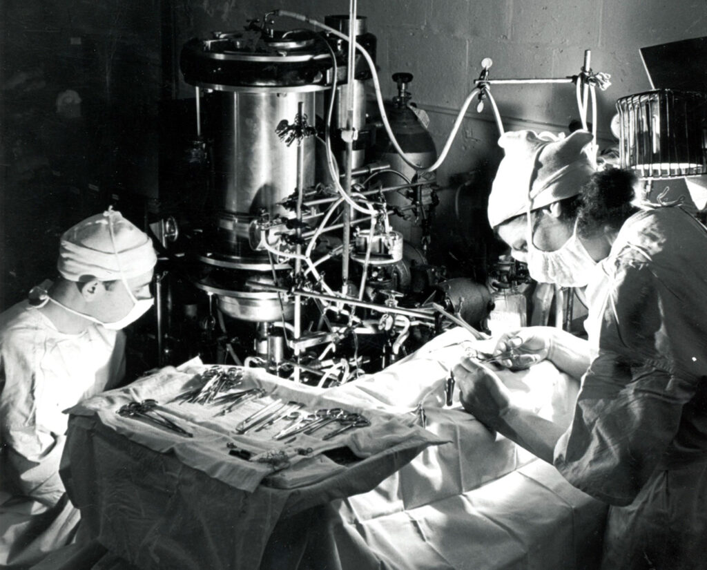 Black and white photograph of a surgical scene