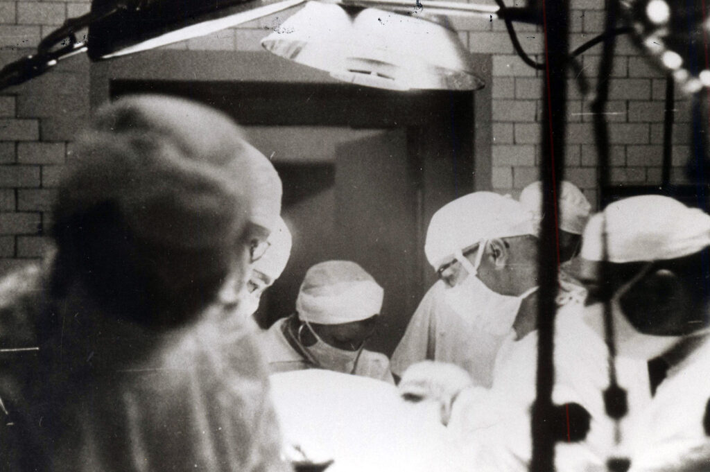 Black and white photo of a surgery scene
