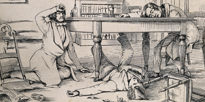 A drawing of the effects of liquid chloroform on Sir James Young Simpson and his friends.
