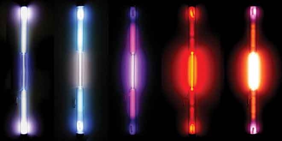 Gas discharge tubes showing the colors produced by different noble gases.