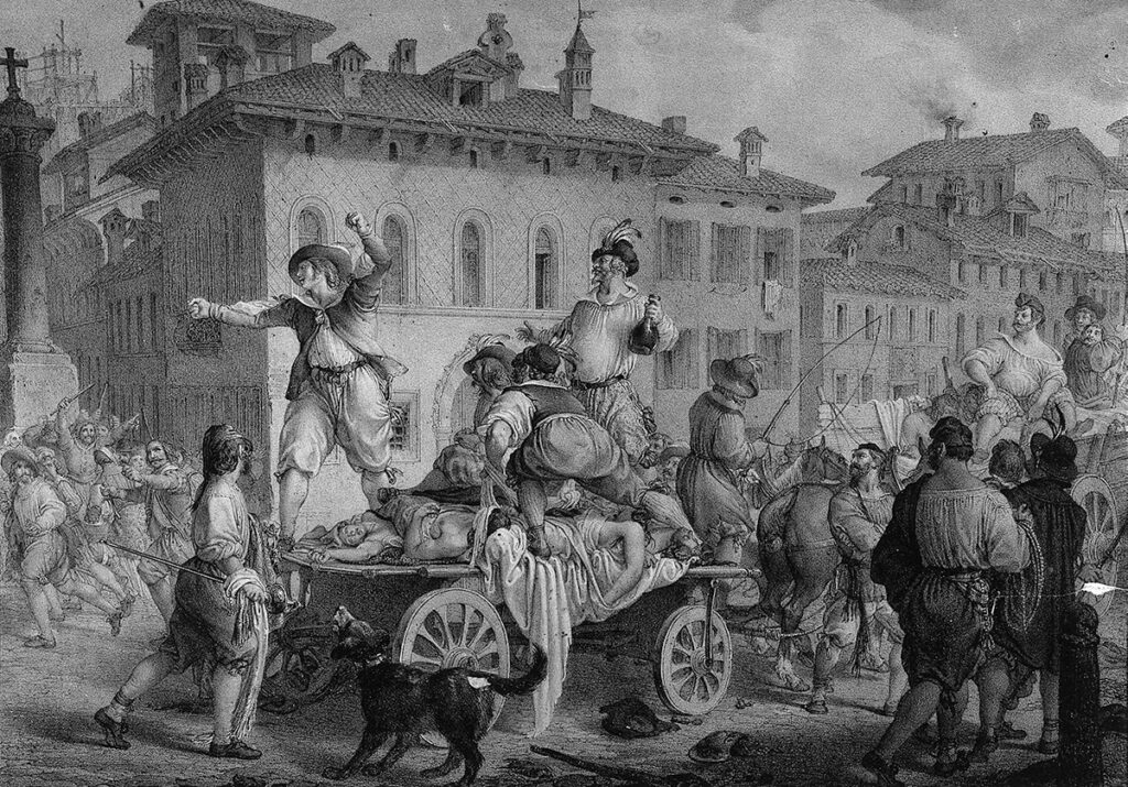 Plague cart and mob during 1630 plague in Milan