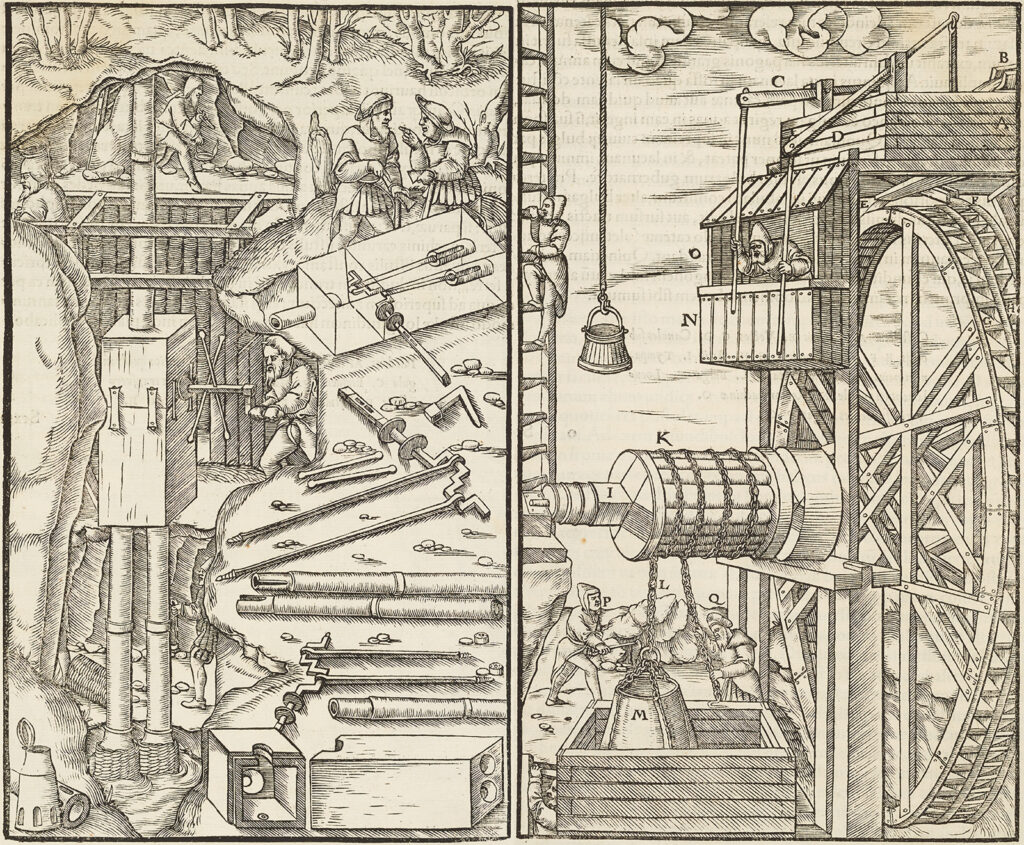 Black and white woodcut of mining scenes