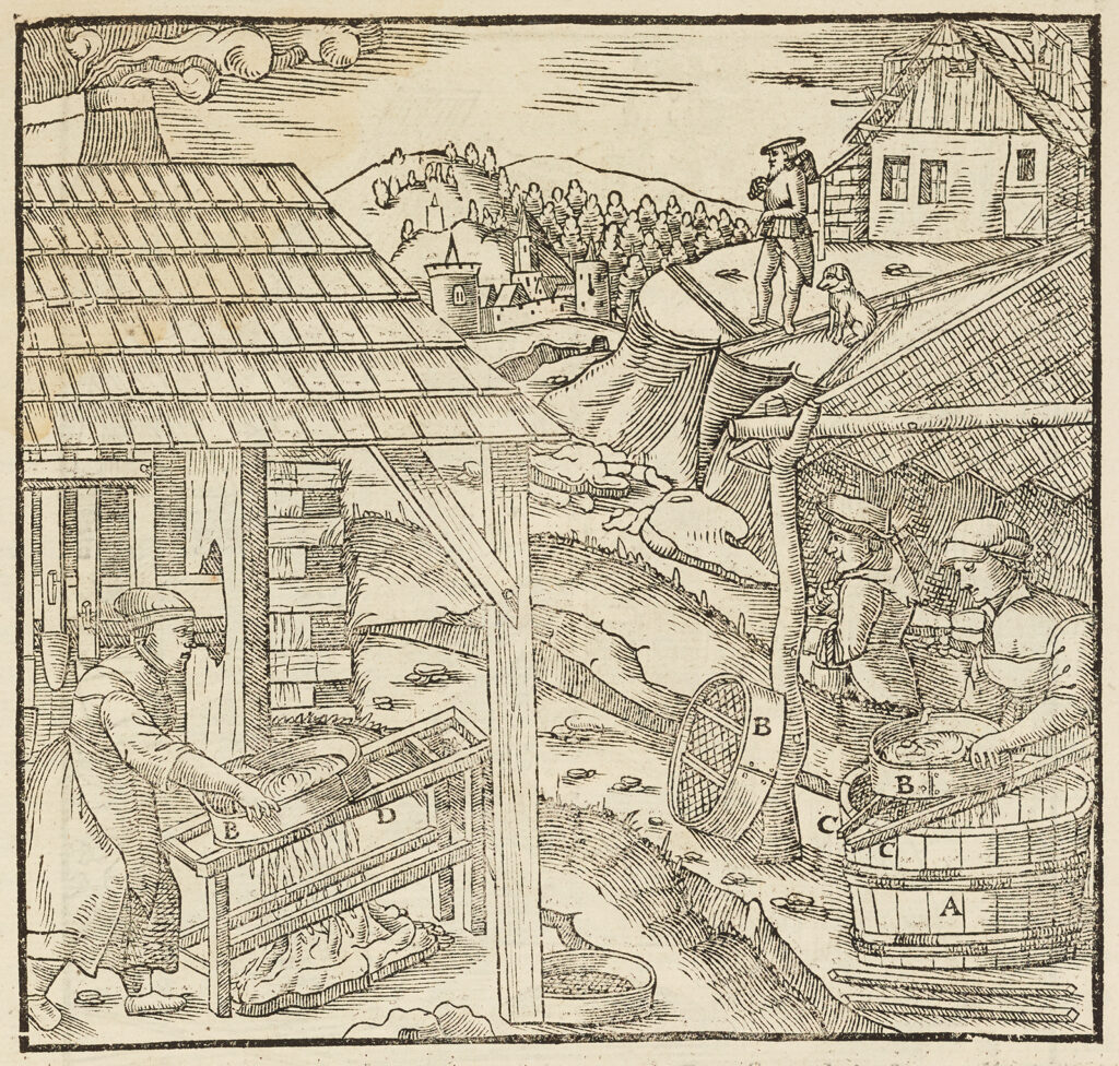 Black and white woodcut of a mining scene