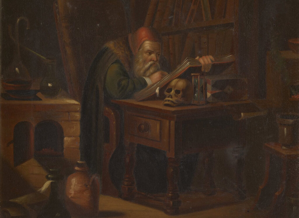 Oil painting of an alchemist reading