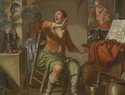 Alchemical painting of a seated scientist looking startled as something is seemingly on fire