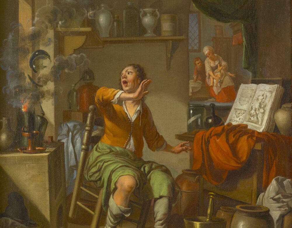 painting of an alchemist doing an experiment that caught fire