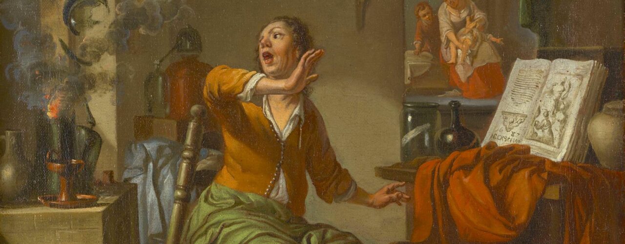 painting of an alchemist doing an experiment that caught fire