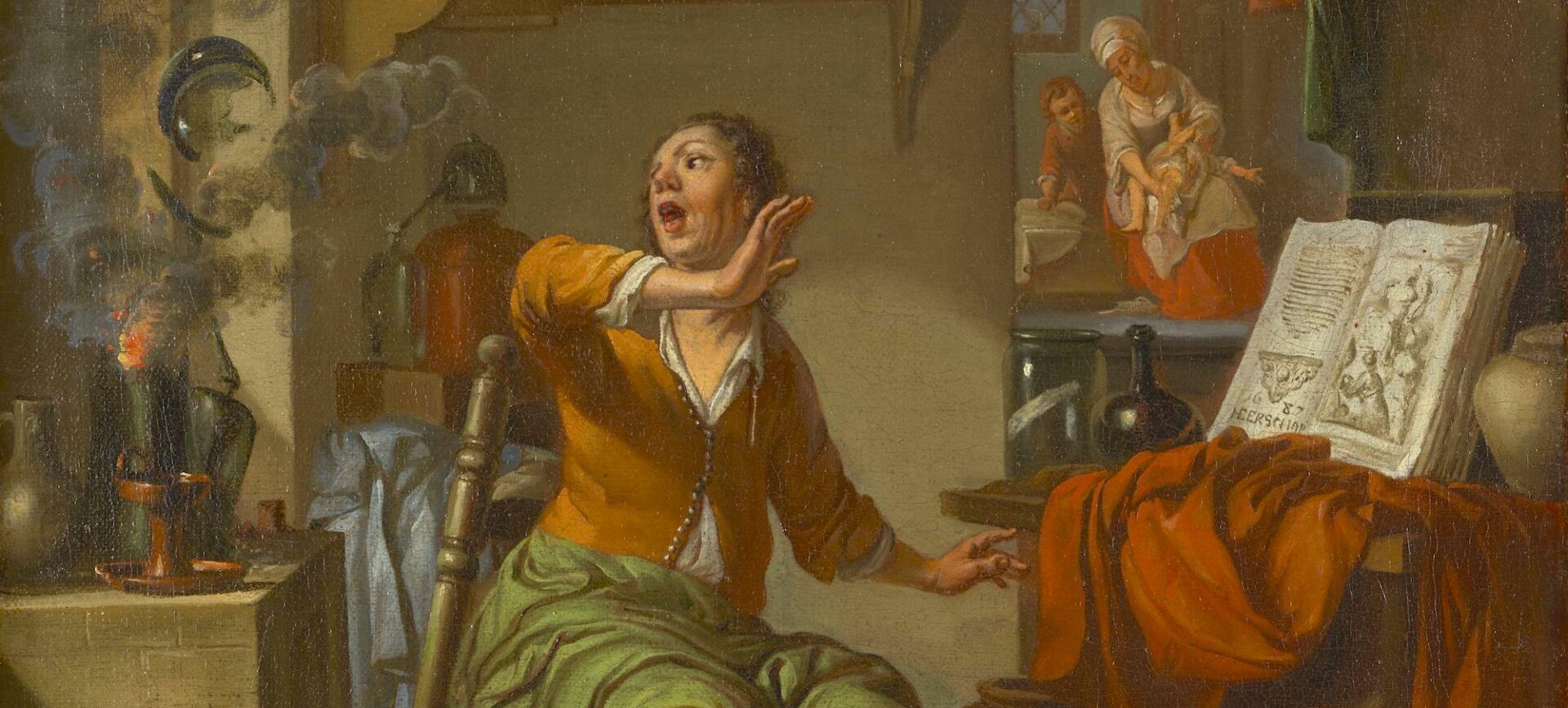 painting of an alchemist doing an experiment that caught fire