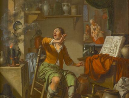 painting of an alchemist doing an experiment that caught fire
