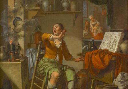 painting of an alchemist doing an experiment that caught fire