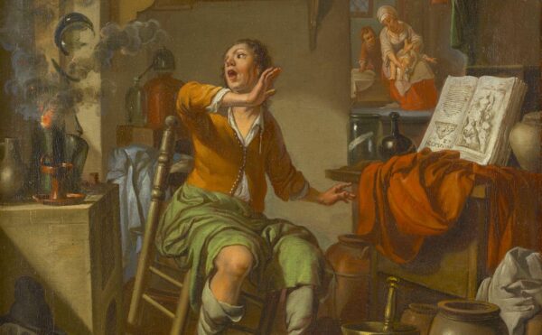 painting of an alchemist doing an experiment that caught fire