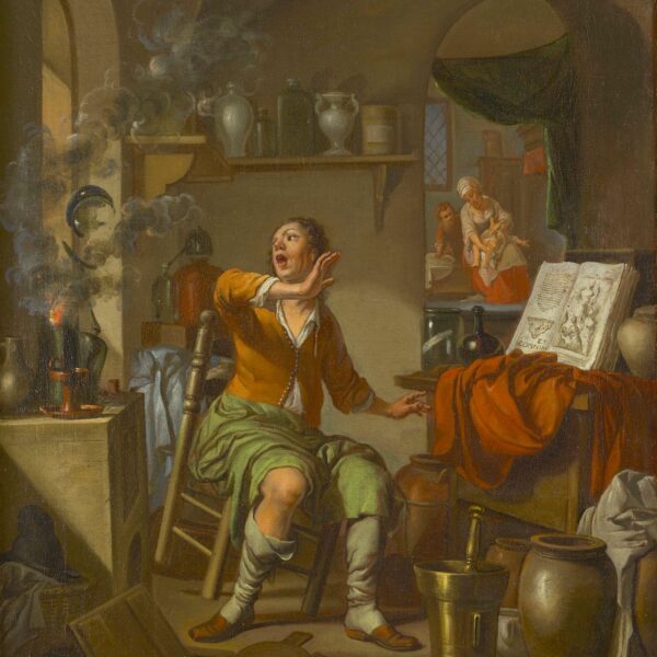 painting of an alchemist doing an experiment that caught fire