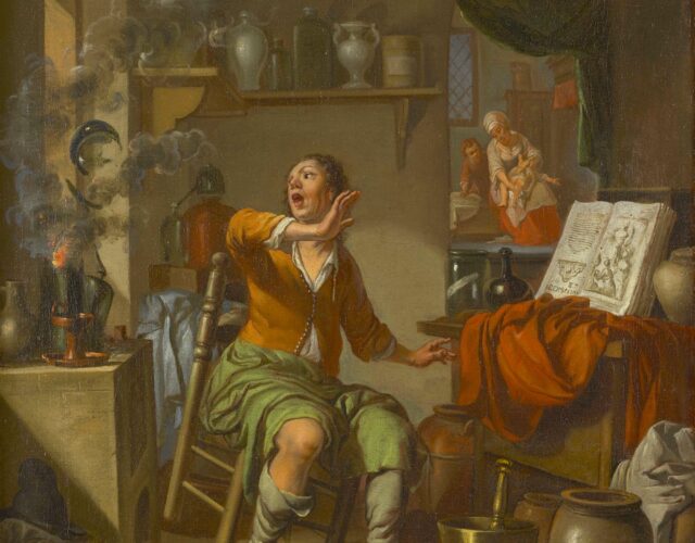 painting of an alchemist doing an experiment that caught fire
