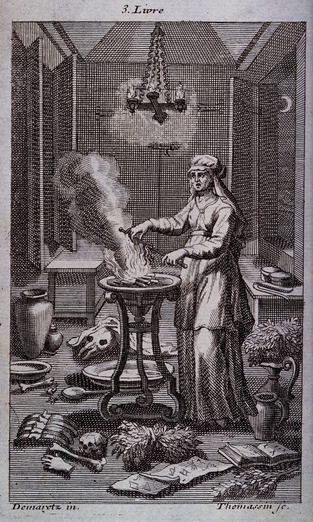 A 16th-century engraving of an alchemist mixing ingredients into a cauldron.