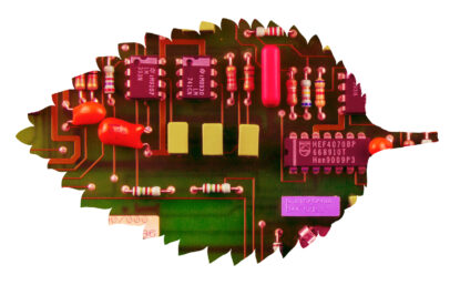 Photo illustration of leaf shape filled with transistor and other electronics