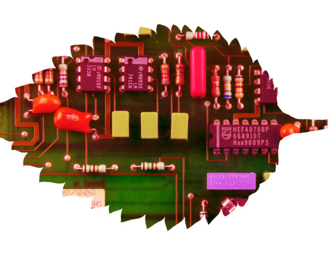 Photo illustration of leaf shape filled with transistor and other electronics