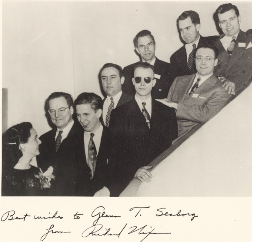 Barbara Walker (Miss America 1947) with eight of the Ten Outstanding Young Men of 1947. Richard Nixon is one of them, so is Seaborg. The photo is signed "Best wishes to Glenn T. Seaborg from Richard Nixon."