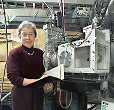 Darleane Hoffman with the instruments she uses to track down heavy elements. 