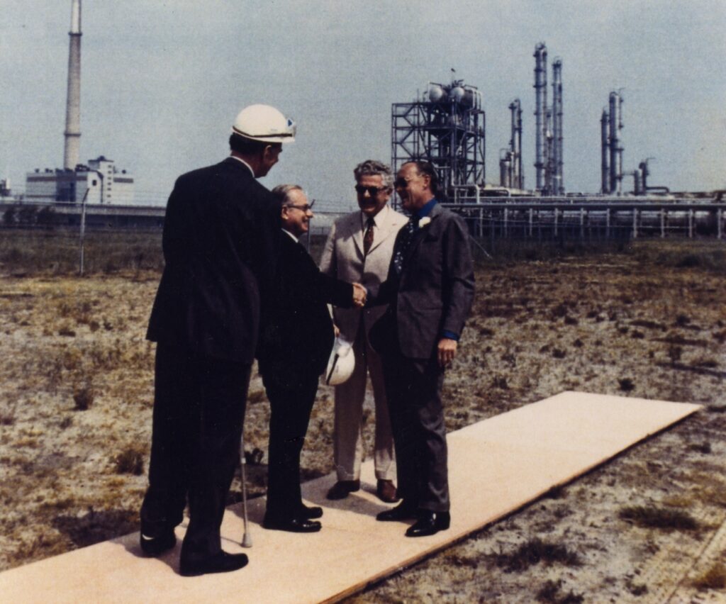 Prince Bernhard of the Netherlands (right) is welcomed in 1973 to the Rotterdam plant of Oxirane, a joint venture of Scientific Design Company and ARCO Chemical Company. Ralph Landau is second from left. 