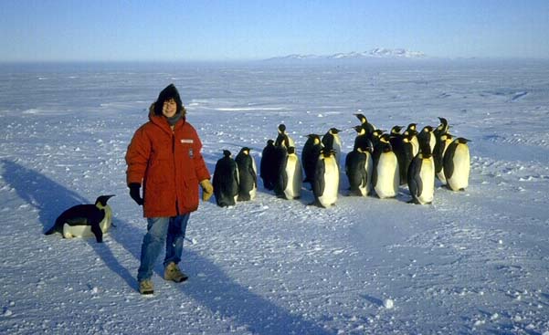 Susan Solomon with her penguin pals.