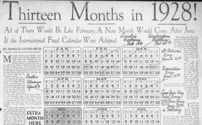 The front page of a newspaper from 1928 proposing a 13-month calendar